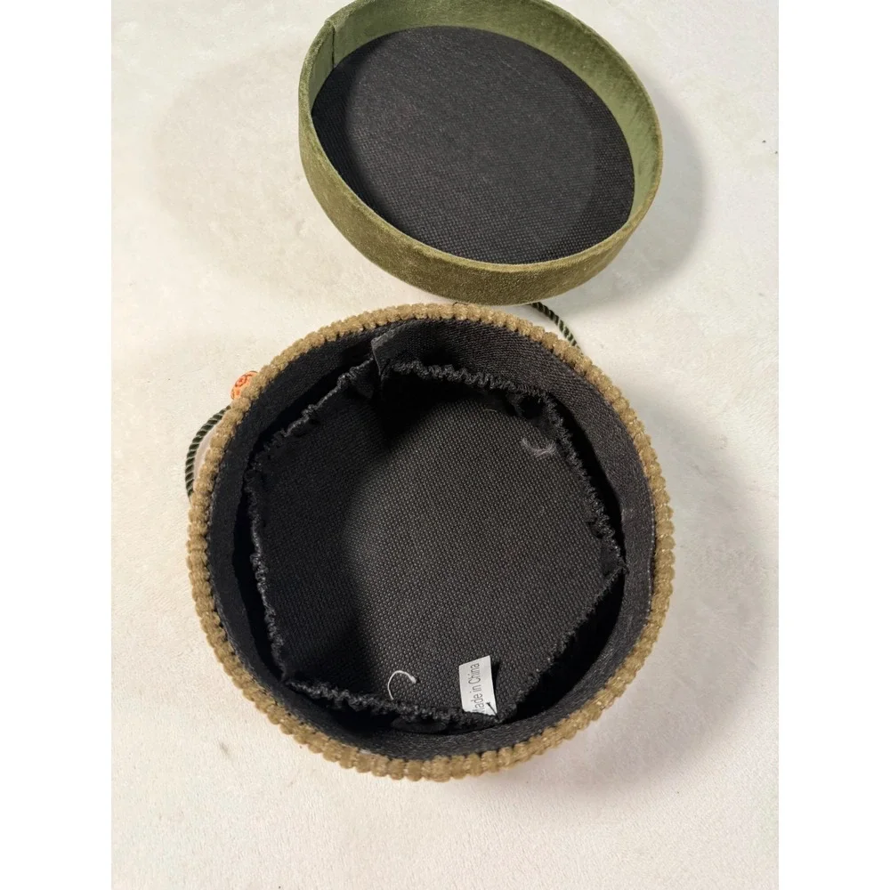 Vintage Style Hat Shaped Trinket Box Green Velvet Corduroy Jewelry Storage Case